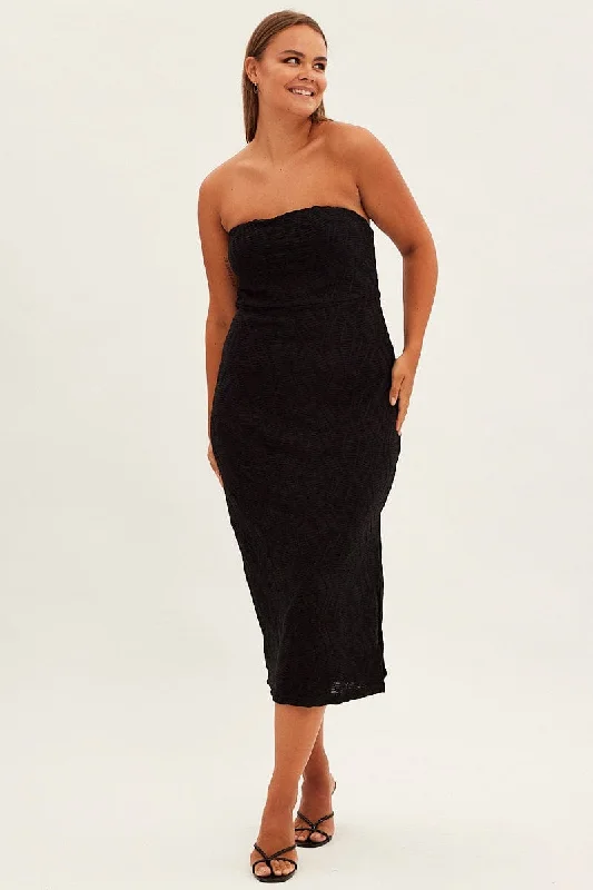 Black Bodycon Dress Strapless Midi Textured