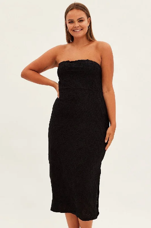 Black Bodycon Dress Strapless Midi Textured