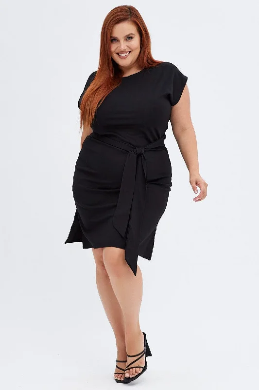 Black Ponte Dress Tie Front Or Back Cap Sleeve