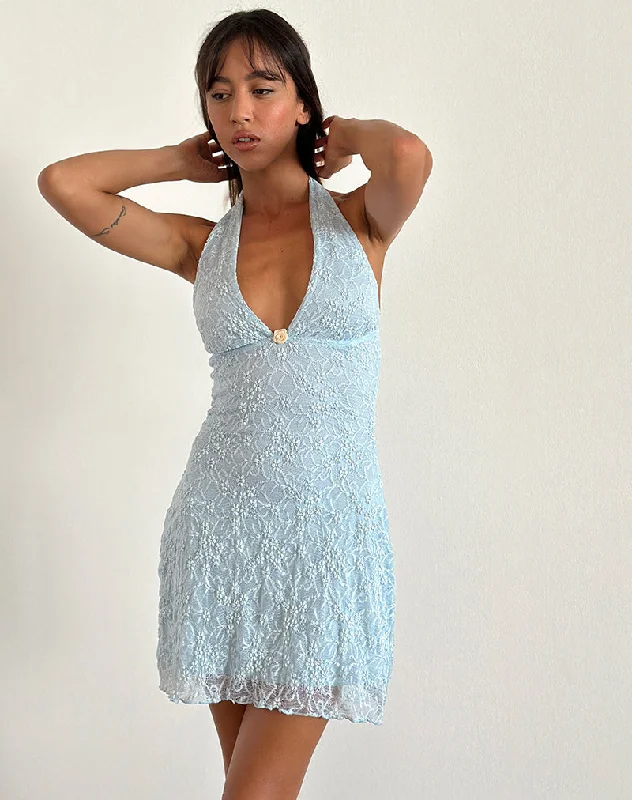 Codami Halterneck Mini Dress in Ice Blue Lace