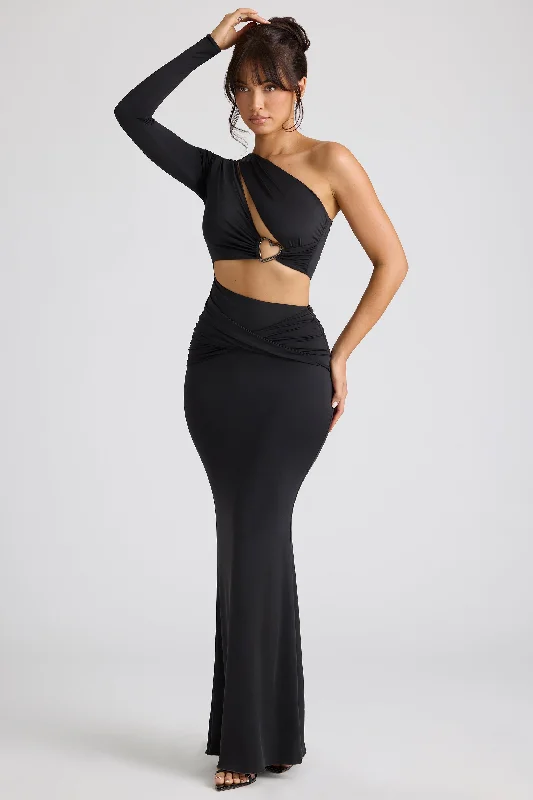 Single Sleeve Cut Out Evening Gown in Black