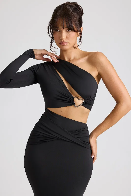 Single Sleeve Cut Out Evening Gown in Black