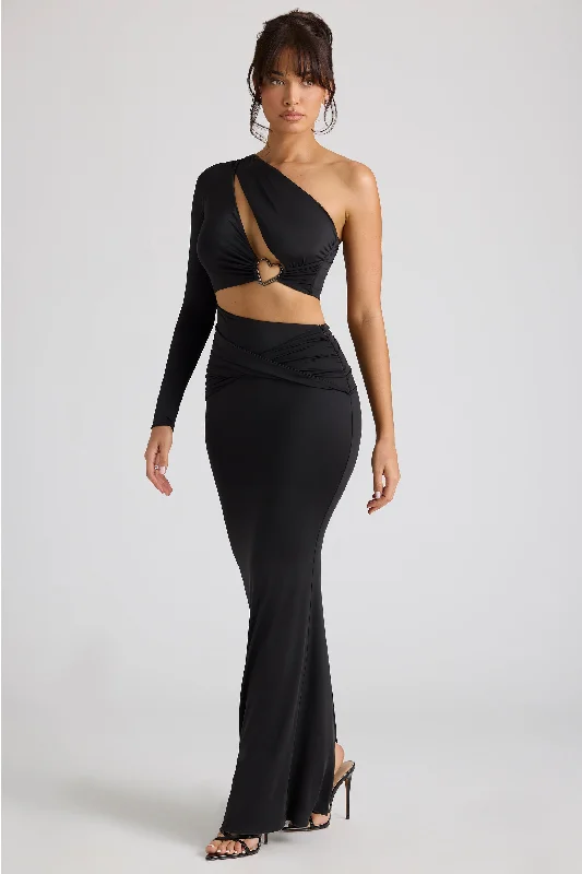 Single Sleeve Cut Out Evening Gown in Black