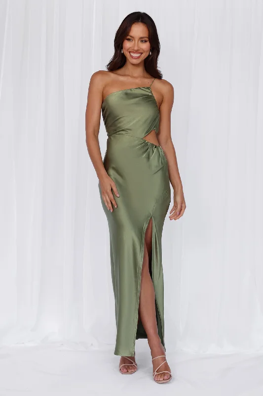 HELLO MOLLY The Opal One Shoulder Satin Maxi Dress Olive