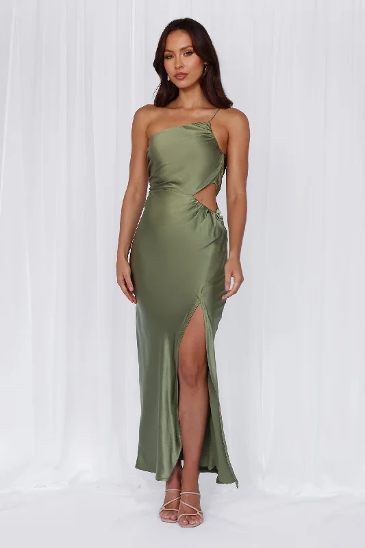 HELLO MOLLY The Opal One Shoulder Satin Maxi Dress Olive