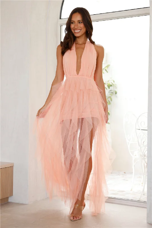 She's A Winner Tulle Halter Maxi Dress Peach