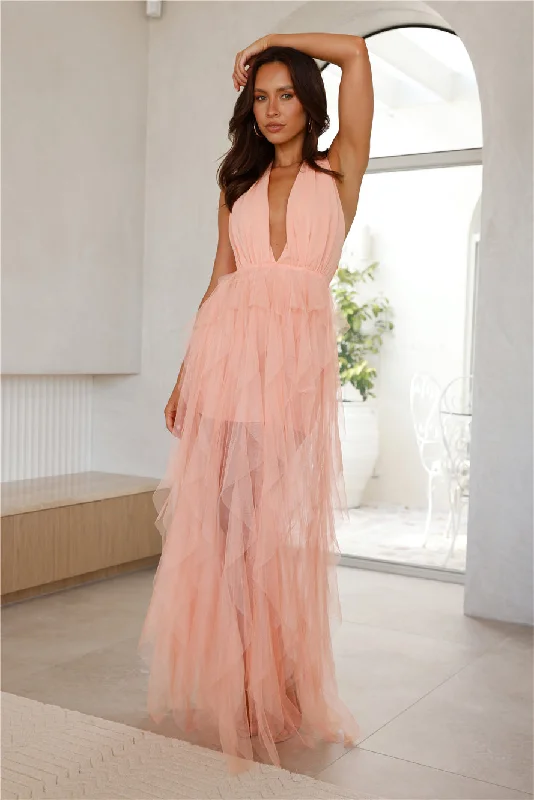 She's A Winner Tulle Halter Maxi Dress Peach