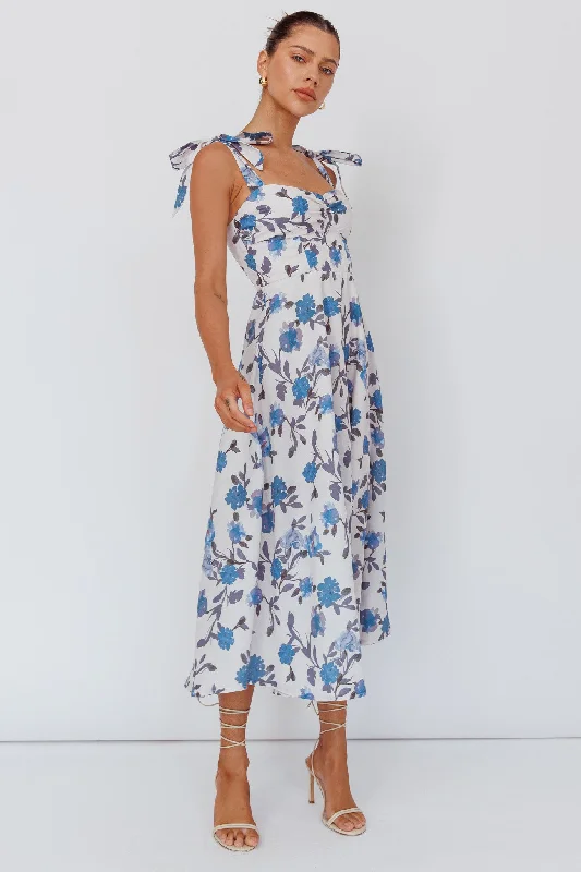 Sweet Pea Tied Bust Midi Dress Flower Blue