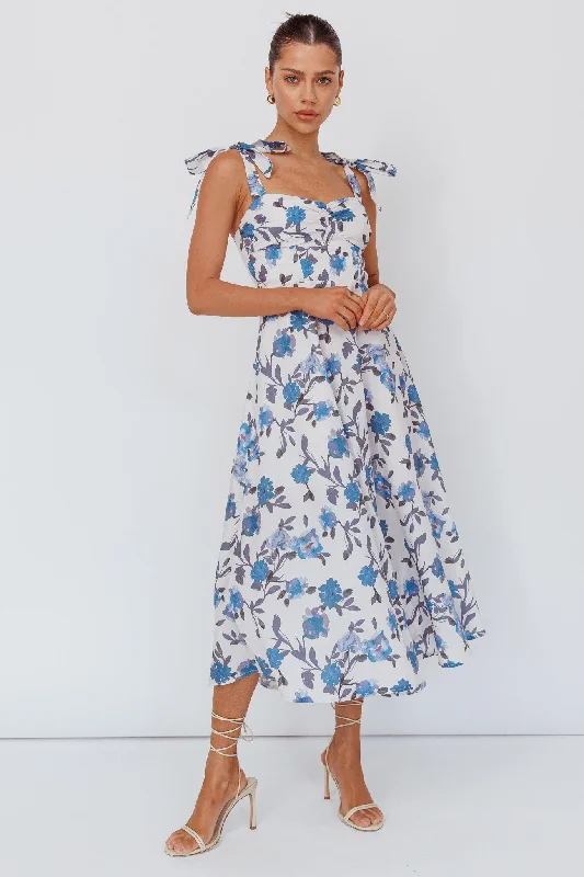 Sweet Pea Tied Bust Midi Dress Flower Blue