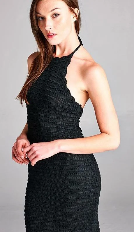 Wanderous Black Crochet Halter Dress