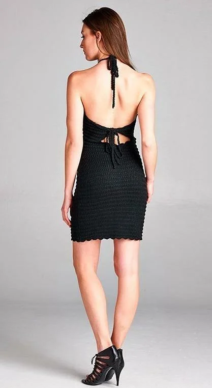 Wanderous Black Crochet Halter Dress