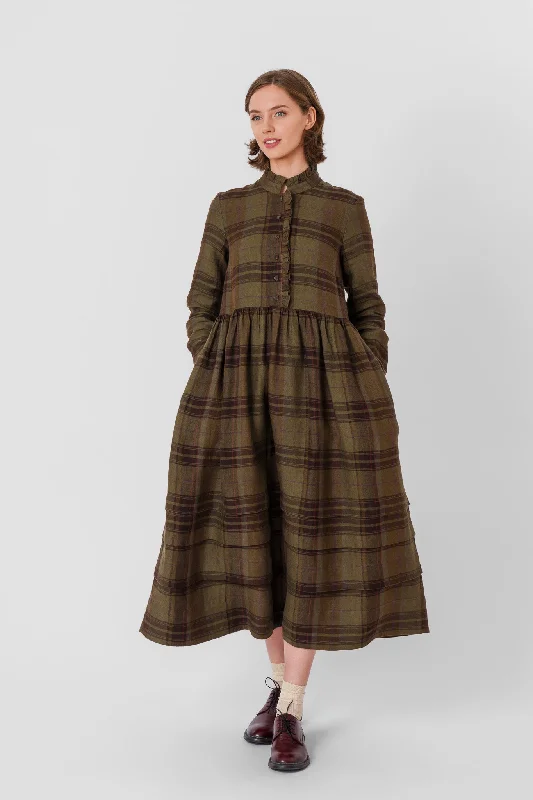 Amy Dress, Long Sleeve, Twill Linen, Oak Tartan