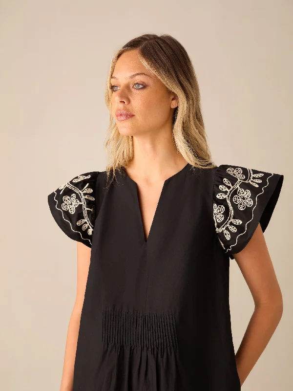 Black Embroidered Frill Short Dress