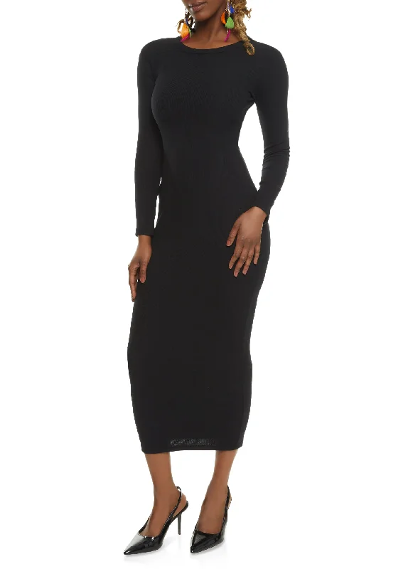 Ribbed Crew Neck Long Sleeve Maxi Dress