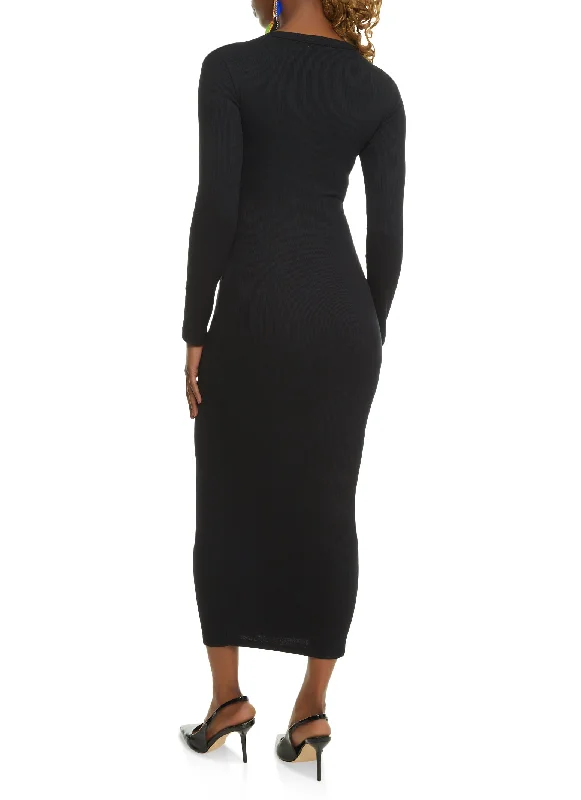 Ribbed Crew Neck Long Sleeve Maxi Dress