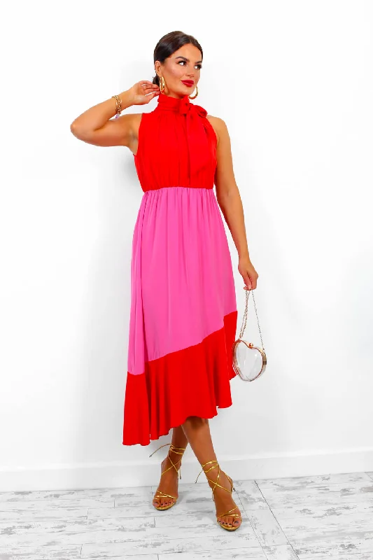 Block You Out - Red Pink High Neck Midi Dress