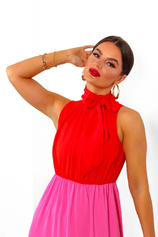 Block You Out - Red Pink High Neck Midi Dress