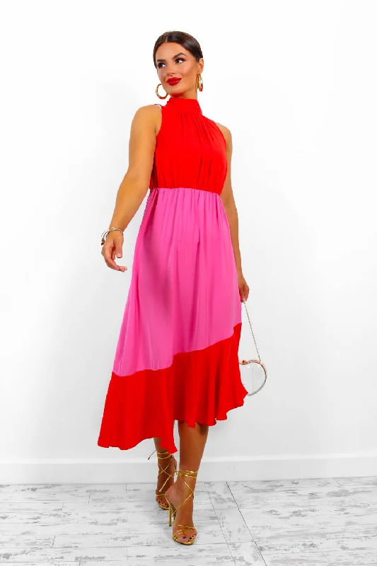 Block You Out - Red Pink High Neck Midi Dress