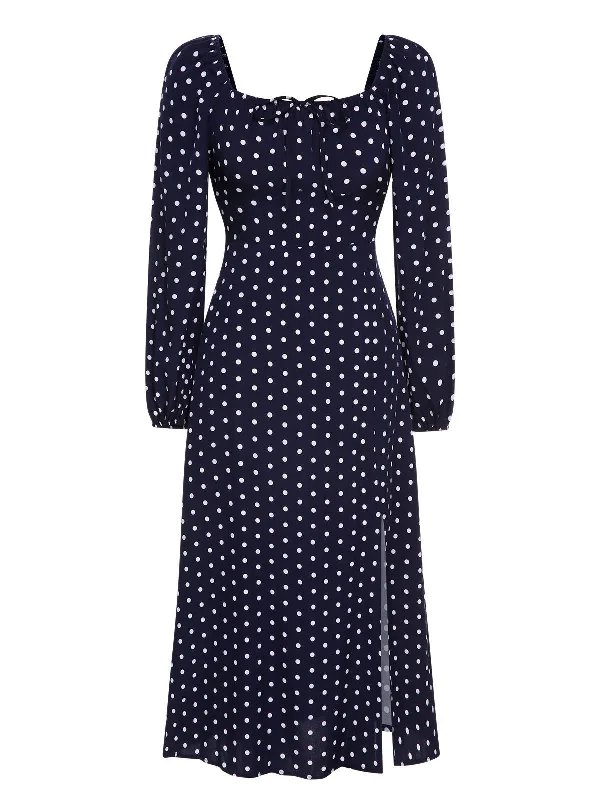 Blue 1940s Lantern Sleeve Polka Dots Dress