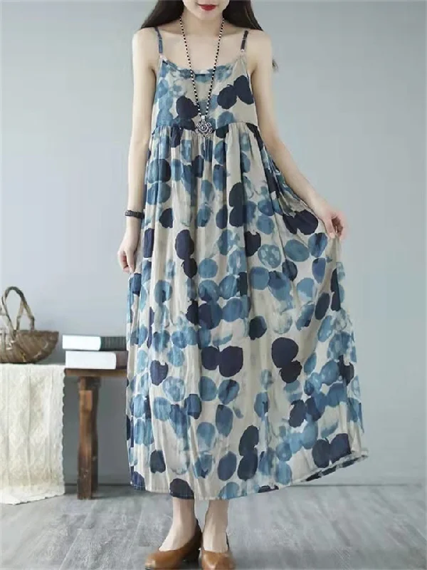 Camisole Dress Polka Dot Printed Cotton Linen Vest Floral Dress Long Dress Blue Green