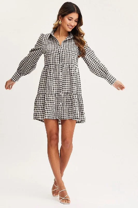 Check Shirt Dress Long Sleeve Button Front