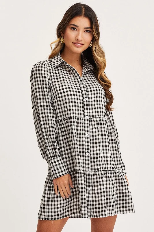 Check Shirt Dress Long Sleeve Button Front