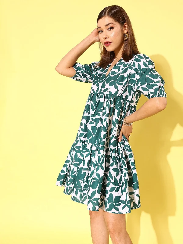 Berrylush Women White & Green Floral Printed V-Neck Puff Sleeves Crepe Flounce Hem Ruffled A-Line Mini Dress