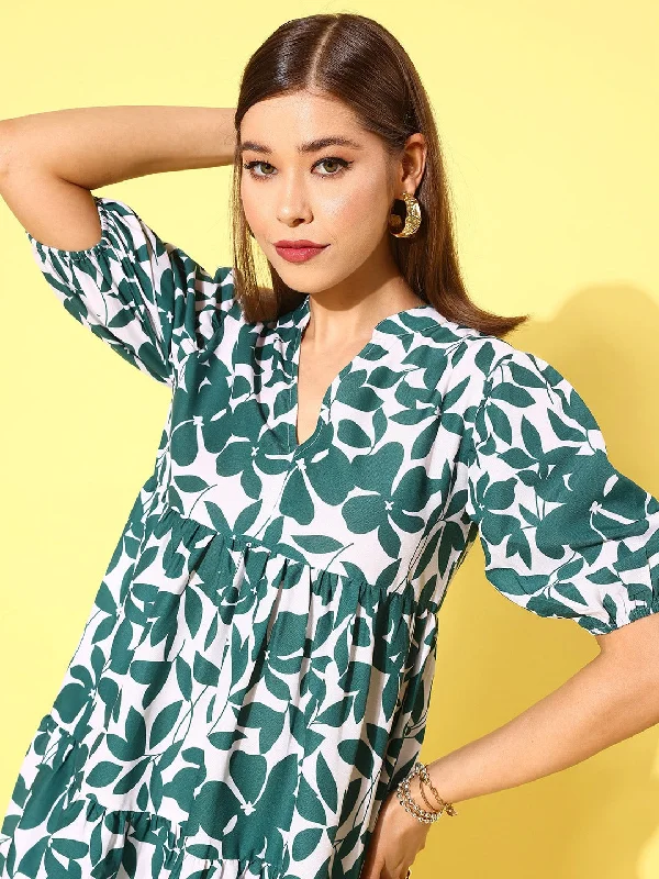 Berrylush Women White & Green Floral Printed V-Neck Puff Sleeves Crepe Flounce Hem Ruffled A-Line Mini Dress