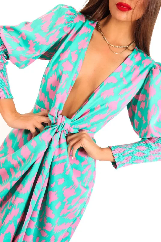 Drive Em Wild - Turquoise Pink Animal Midi Wrap Dress