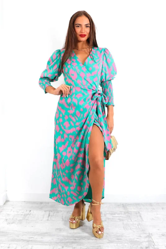 Drive Em Wild - Turquoise Pink Animal Midi Wrap Dress