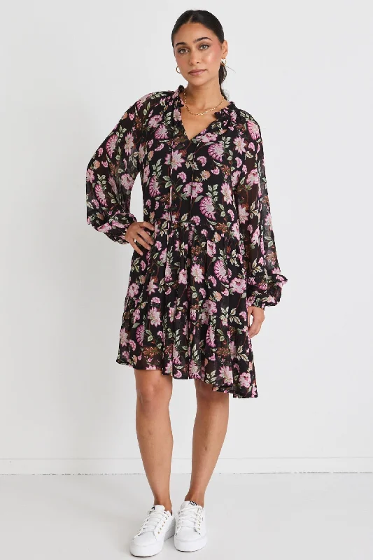 Florence Thistle Print LS Tiered Smock Mini Dress