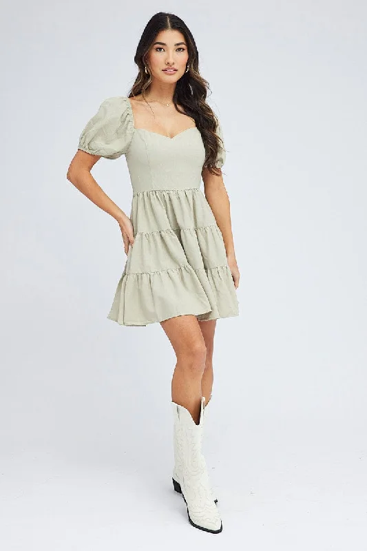 Green Fit And Flare Dress Puff Sleeve Mini