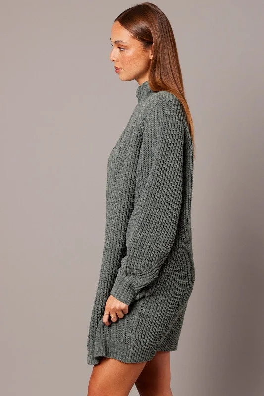 Green Knit Dress High Neck Oversized Chenille