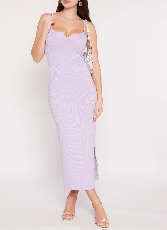 Ribbed Notch Neck Side Slit Maxi Dress