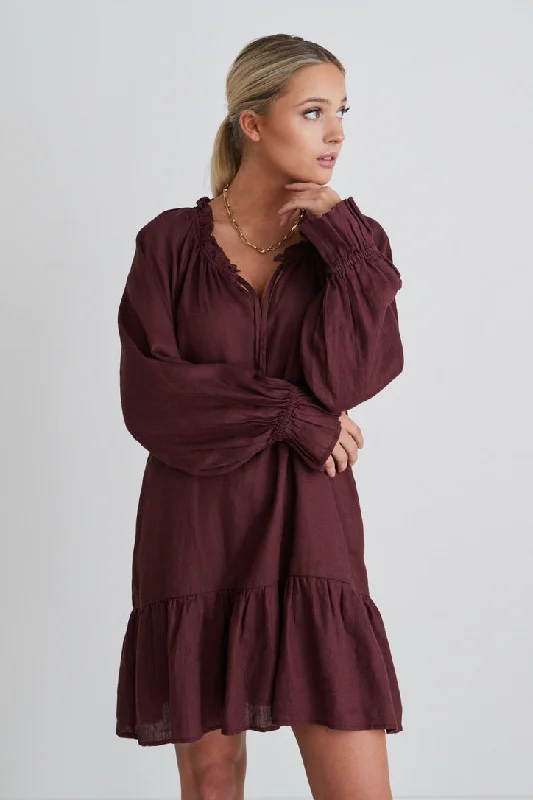 Mystic Raisin Linen Pleated Smock Dress