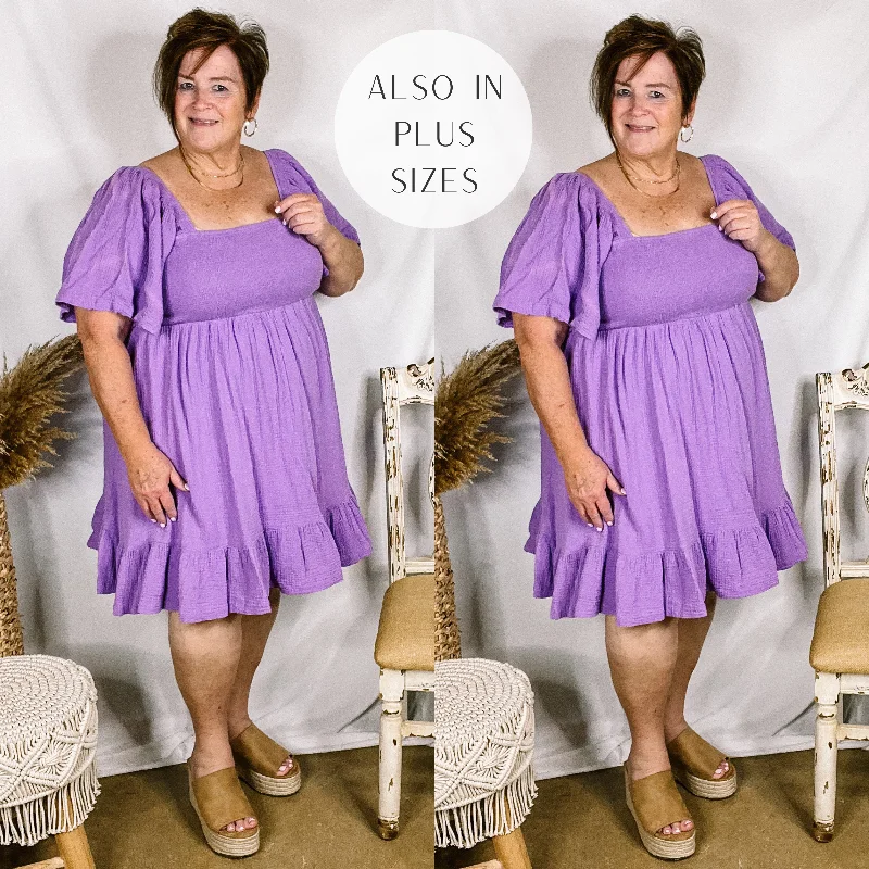 Last Chance Size Small | Sugary Sweet Smocked Bodice Dress with Ruffle Hem in Lavender Purple