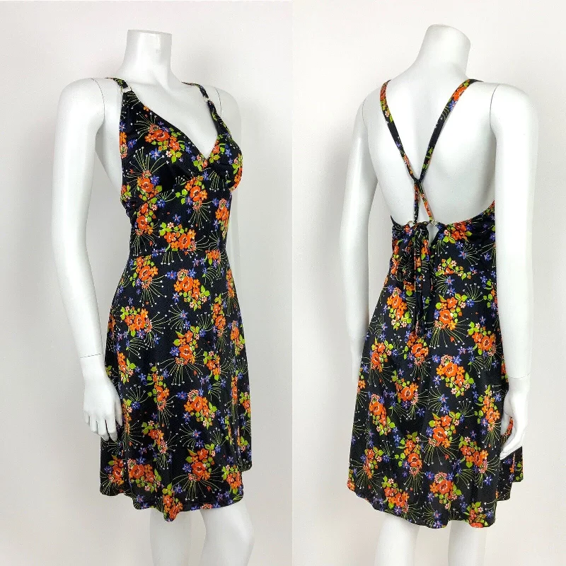 VTG 60s 70s BLACK BLUE ORANGE GREEN FLORAL HAWAIIAN SUMMER HALTER DRESS 10