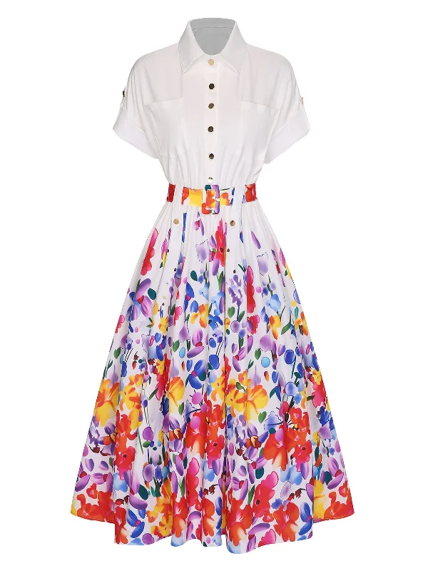 White 1940s Floral Shirt Collar Belt Dress