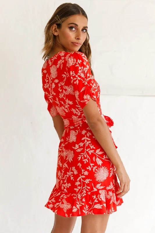 Wonderland Wrap Front Tea Dress Floral Print Red