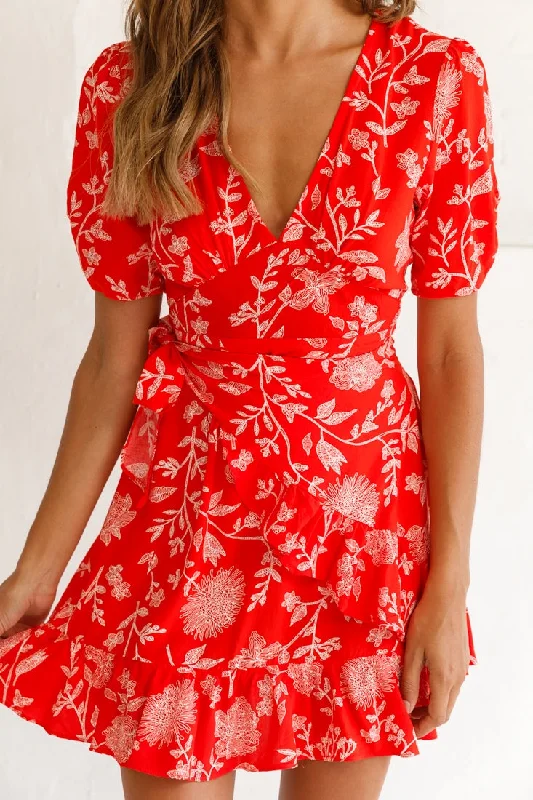 Wonderland Wrap Front Tea Dress Floral Print Red