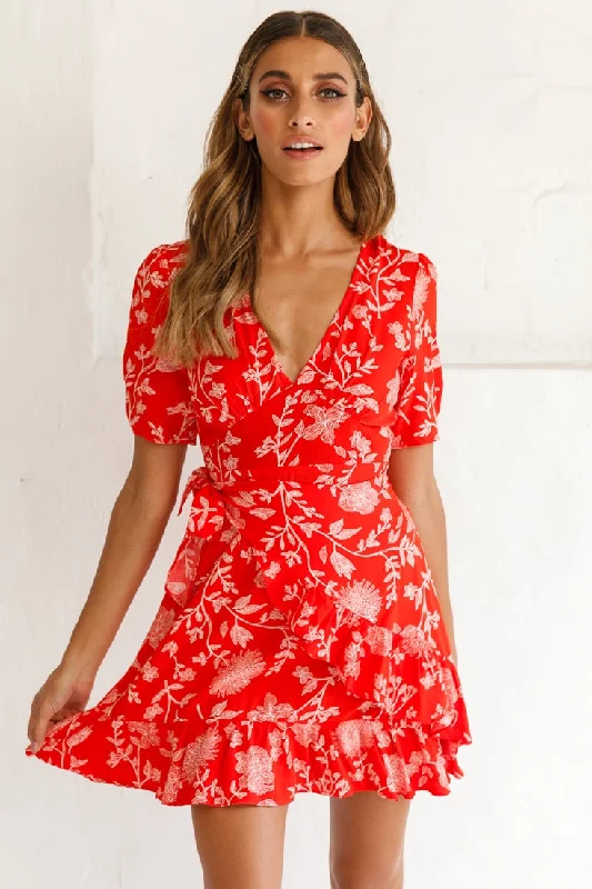 Wonderland Wrap Front Tea Dress Floral Print Red