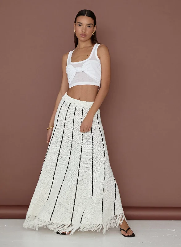 Cream And Black Stripe Knit Fringe Hem Skirt- Dakora