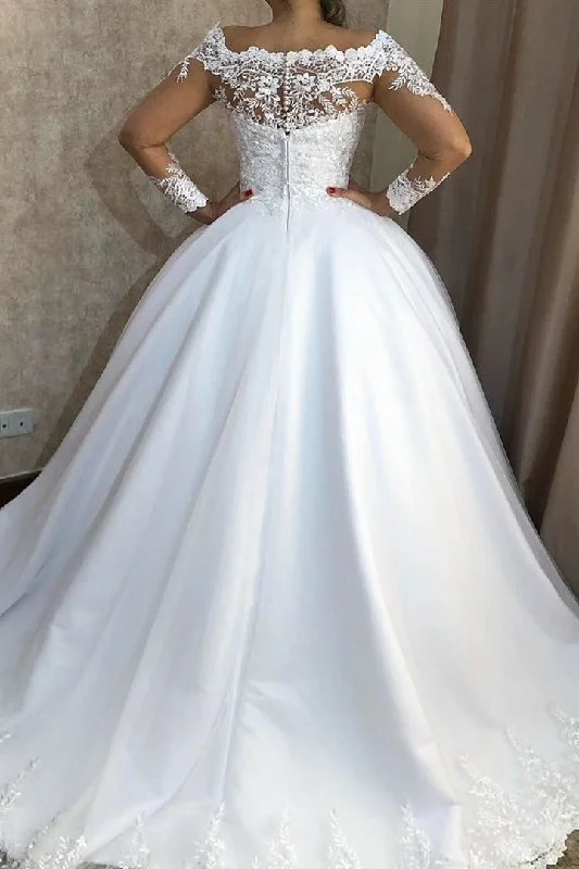 Long Sleeves A-line Off Shoulder White Wedding Dress with Lace