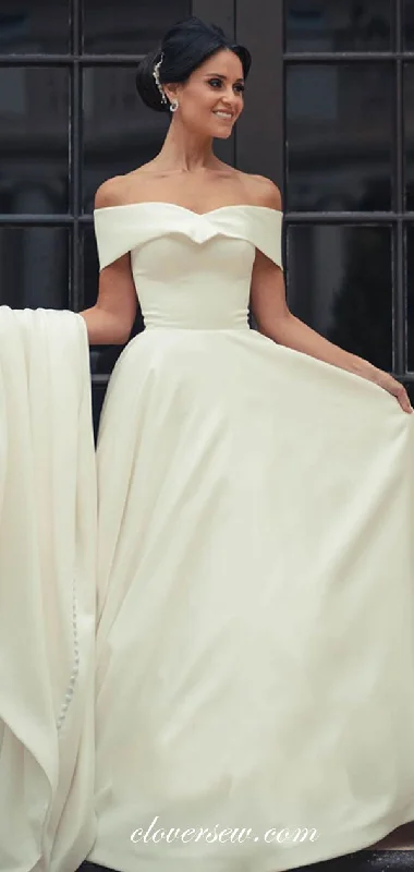 Off The Shoulder A-line Ivory Satin Simple Elegant Wedding Dresses ,CW0161