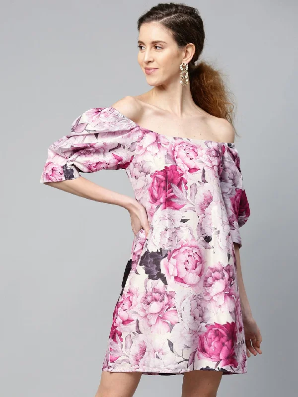 Pink Floral Puff Sleeve Shift Dress