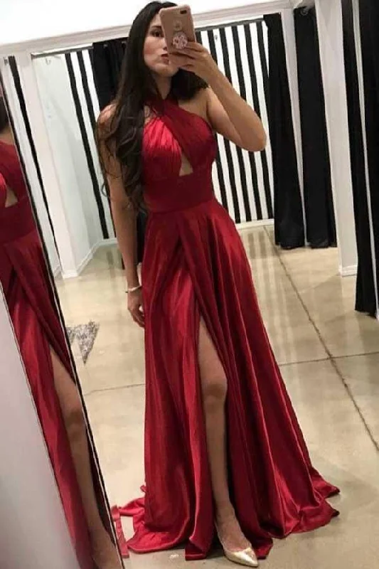 Score Big Savings Today!A-Line Cross Neck Floor-Length Dark Red Prom Dress with Split  PG547