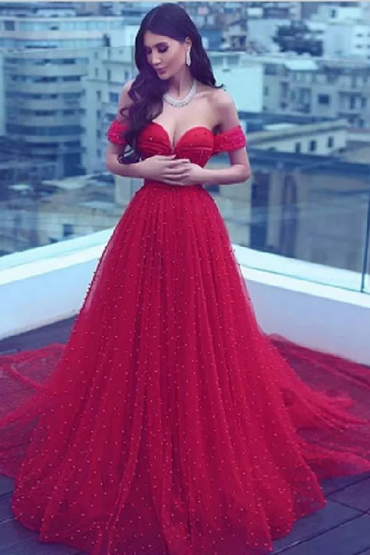 Your Exclusive Offer Awaits!A-Line Off-the-Shoulder Court Train Dark Red Tulle Prom Dress PG508