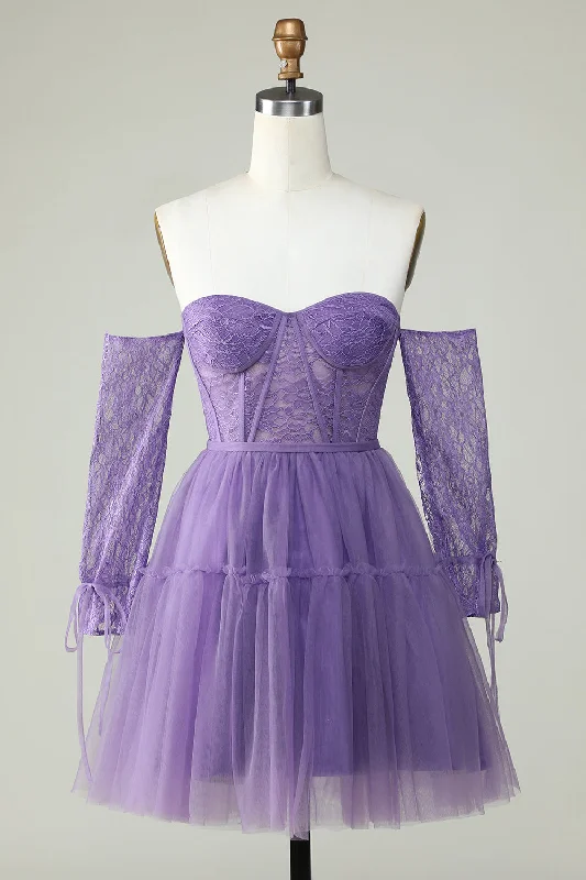 Limited-Time Price Drop!A Line Off the Shoulder Purple Corset Short Prom Dress with Long Sleeves