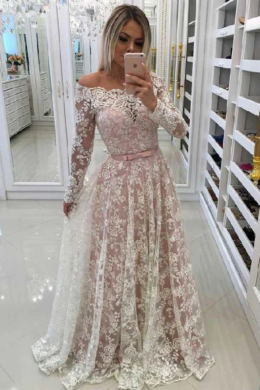The Best Deals Won’t Wait!A-Line Off-the-Shoulder Prom Dress with Lace Appliques Sleeves  PG535