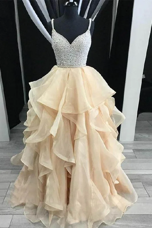 Best Offers of the Month!A-Line Straps Backless Tiered Organza Beaded Prom Dress  PG532